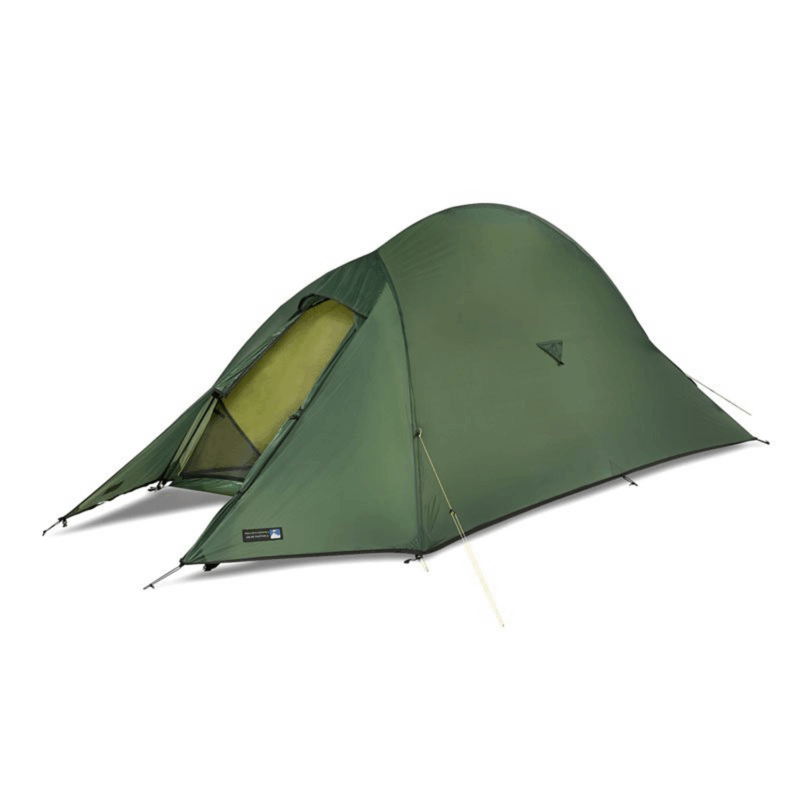 Solar-Photon-2-3.png Green two-person dome backpacking tent with an extended vestibule partially open to reveal a yellow inner mesh door, staked and guyed out on a plain white background