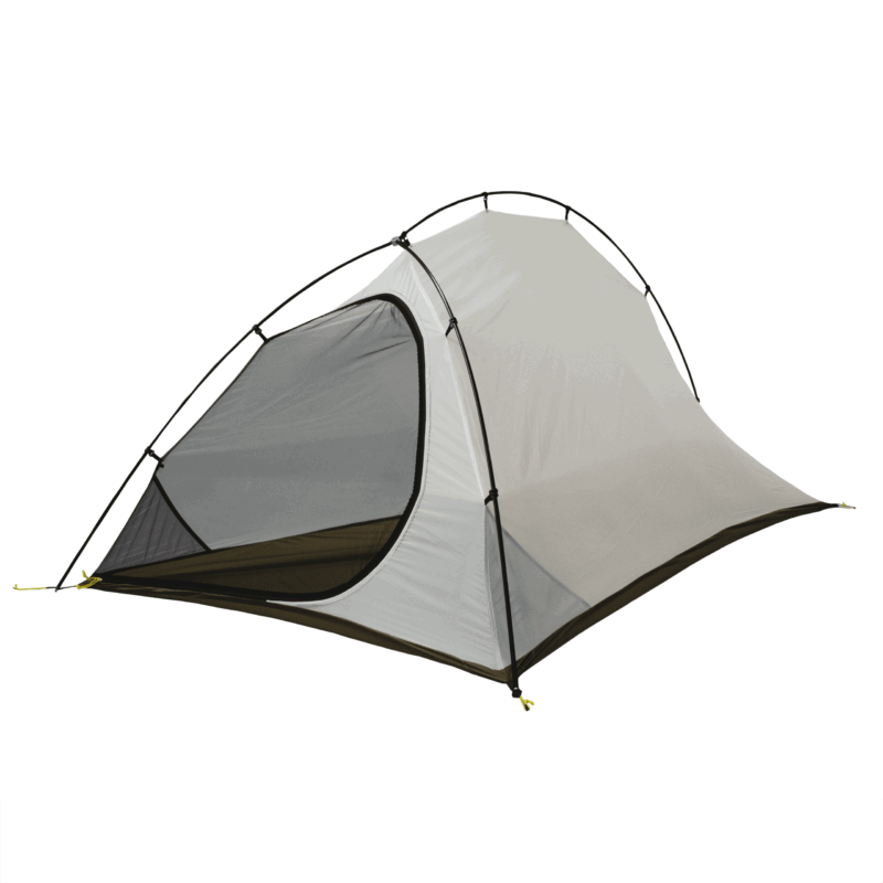 Solar-Photon-2-Inner_3000px_72dpi-3.png Lightweight single-person dome tent with light grey fabric, mesh front door and black crossed poles, pitched without a rainfly against a white background.