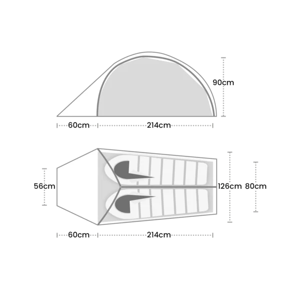 Solar-Photon-2-Pitching-1.webp Technical diagram showing side and top views of a two-person dome tent with labelled dimensions: 214 cm length plus a 60 cm porch, 90 cm peak height, 126 cm interior width with two 80 cm berths and a 56 cm triangular end.