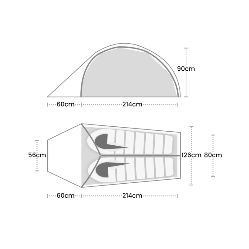 Solar-Photon-2-Pitching-1.webp Technical diagram showing side and top views of a two-person dome tent with labelled dimensions: 214 cm length plus a 60 cm porch, 90 cm peak height, 126 cm interior width with two 80 cm berths and a 56 cm triangular end.