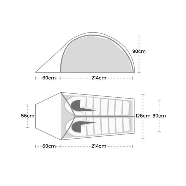 Side and top schematic of a two-person tunnel tent showing a 60 cm porch and a 214 cm sleeping area with a 90 cm peak height (side view), and a top view with two sleeping mats side-by-side in the 214 cm length, annotated widths of 126 cm and 80 cm and a 56 cm vestibule.