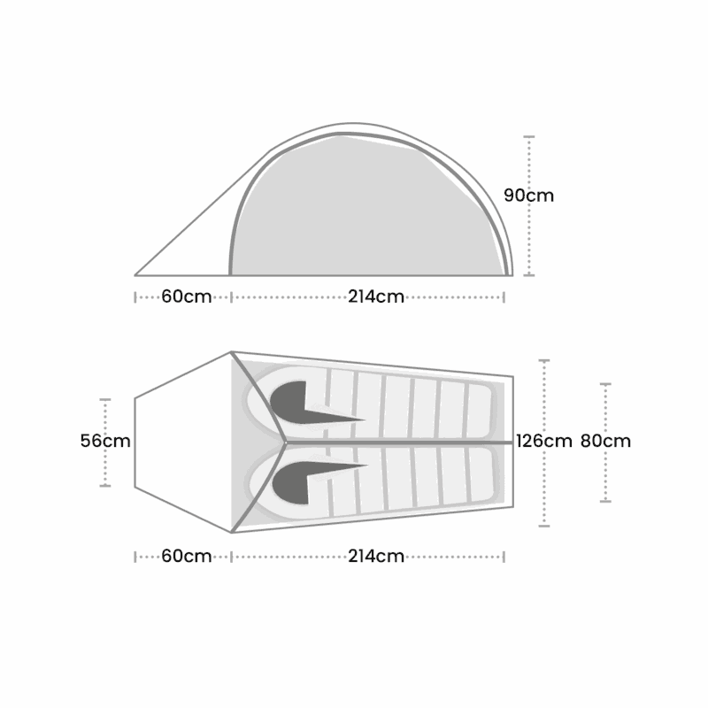 Solar-Ultra-2-UPDATE-3.png Side and top schematic of a two-person tunnel tent showing a 60 cm porch and a 214 cm sleeping area with a 90 cm peak height (side view), and a top view with two sleeping mats side-by-side in the 214 cm length, annotated widths of 126 cm and 80 cm and a 56 cm vestibule.