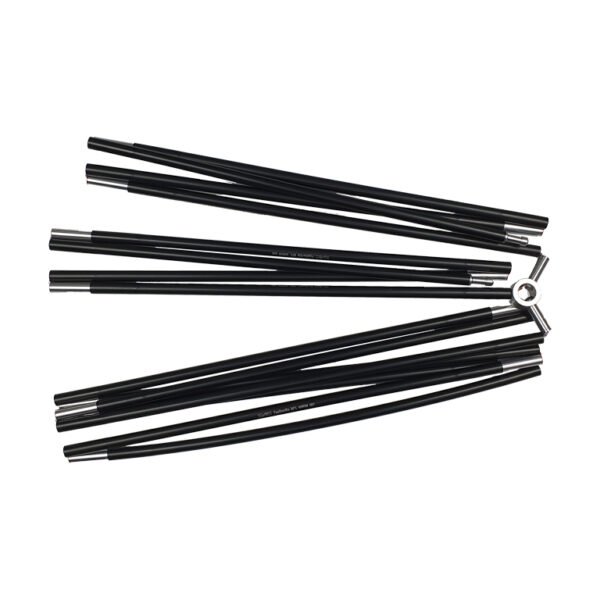 Several black metal pole sections with silver ferrules fanned around a small circular connector on a white background.
