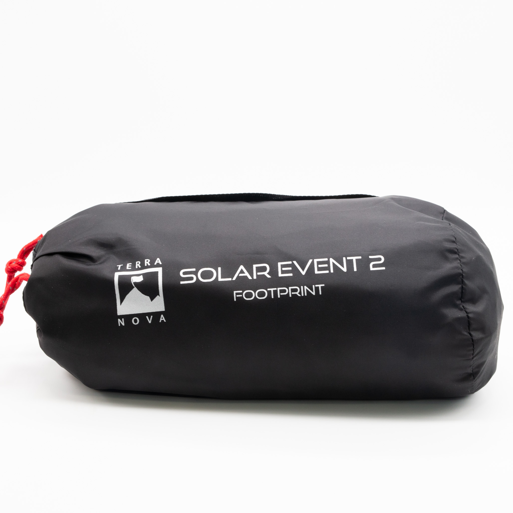 Solare-Event-2-1-3.jpg Black cylindrical stuff sack on a white background, printed with a white Terra Nova logo and the words 'SOLAR EVENT 2 FOOTPRINT', closed with a red drawstring.