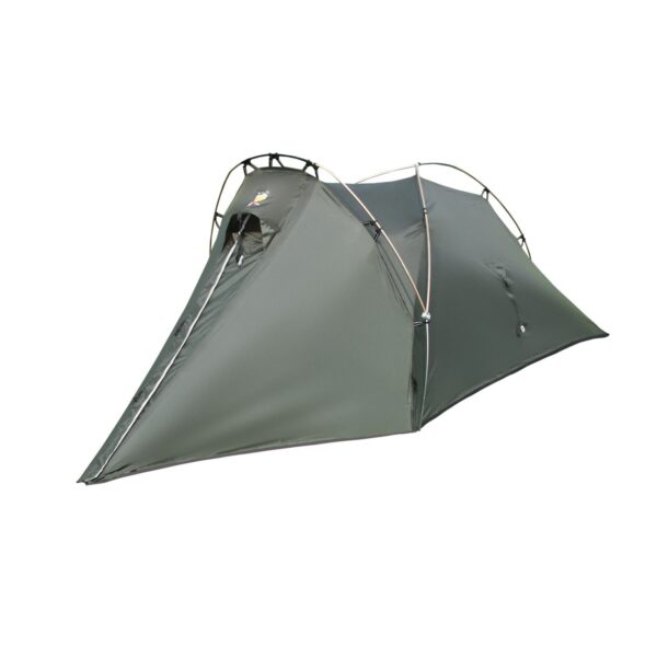 Green two-person tunnel tent with crossed external poles and a tapered triangular front entrance with a zip, photographed on a plain white background