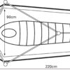 Top-down technical line drawing of a tapered, ribbed sleeping-bag-shaped cot with an oval head opening, set inside a polygonal outer frame and supported by diagonal poles with circular anchor points, annotated with dimensions labelled 220cm length, 70cm front offset, 90cm head width and 60cm foot width.