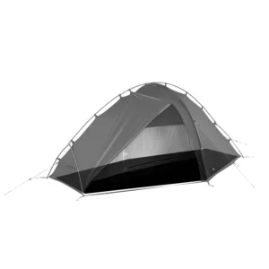 Grey two-person dome tent on a white background with a partially opened rainfly revealing the inner mesh door and black bathtub floor, supported by crossed aluminium poles and guy lines.