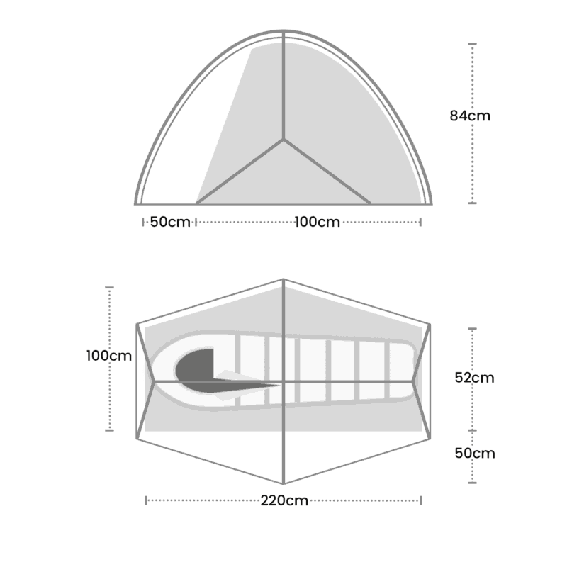 Two grey technical diagrams of a small tent: a top semicircular cross‑section showing an 84 cm apex height and a 200 cm base divided into 50 cm, 100 cm and 50 cm sections, and a lower perspective floor plan showing a 220 cm interior length, about 100 cm width and side heights of approximately 52 cm and 50 cm with a sleeping pad outline inside.