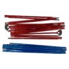Southern-cross-2-pole-set-WEB-3.jpg Two bundles of anodised aluminium tent pole sections—one red with metal hub connectors and black plastic tips, and one blue—laid parallel on a white background.