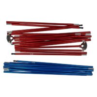 Two bundles of anodised aluminium tent pole sections—one red with metal hub connectors and black plastic tips, and one blue—laid parallel on a white background.
