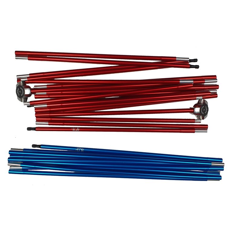 Southern-cross-2-pole-set-WEB-3.jpg Two bundles of anodised aluminium tent pole sections—one red with metal hub connectors and black plastic tips, and one blue—laid parallel on a white background.