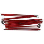 Several red anodised aluminium collapsible tent pole sections with silver connector sleeves and black ferrules laid in a loose pile on a white background.