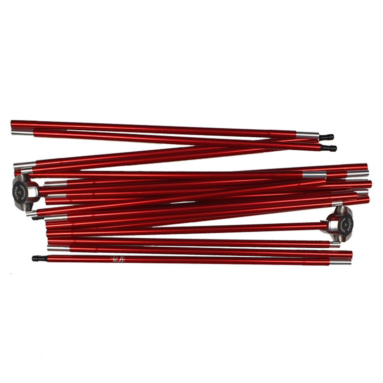 Southern-cross-pole-red-WEB-3.jpg Several red anodised aluminium collapsible tent pole sections with silver connector sleeves and black ferrules laid in a loose pile on a white background.