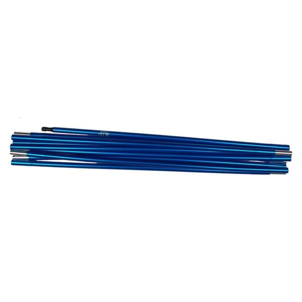 Southern-cross-pole-set-blue-WEB-3.jpg Several collapsed blue anodised aluminium tent-pole sections with silver ferrules and a black end tip, stacked on a plain white background