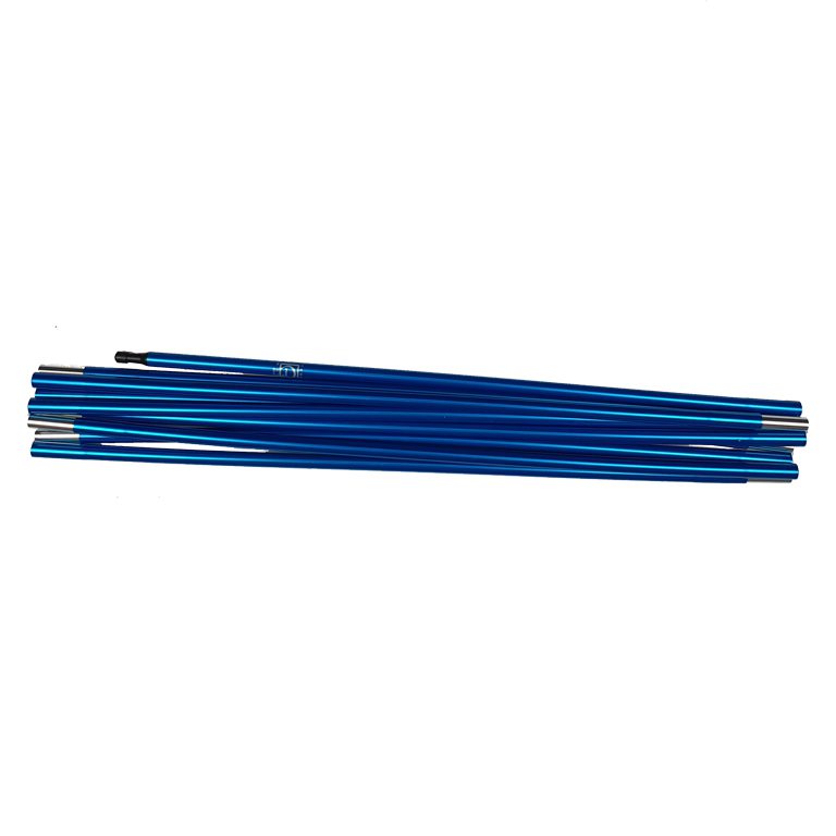 Southern-cross-pole-set-blue-WEB-3.jpg Several collapsed blue anodised aluminium tent-pole sections with silver ferrules and a black end tip, stacked on a plain white background