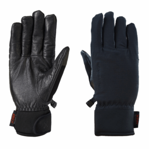 Sportsman-Back-and-Palm-1500x1500-1-3.png Two black winter gloves side by side — left glove palm-side up showing textured leather palm, reinforced thumb and velcro wrist strap; right glove back-side up showing smooth fabric back, elasticated cuff and a small XDRY tag.