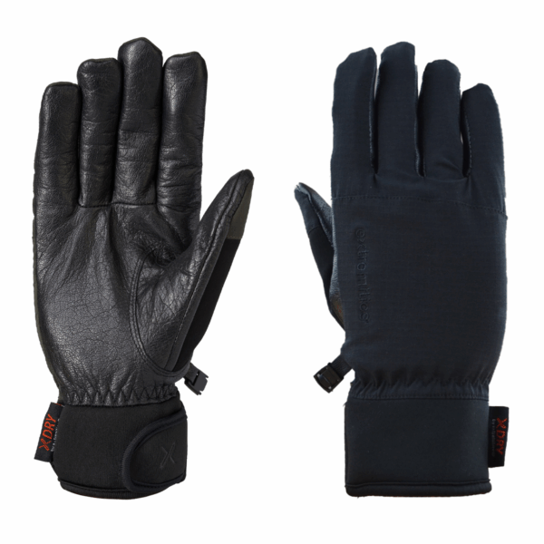Sportsman-Back-and-Palm-1500x1500-1-3.png Two black winter gloves side by side — left glove palm-side up showing textured leather palm, reinforced thumb and velcro wrist strap; right glove back-side up showing smooth fabric back, elasticated cuff and a small XDRY tag.