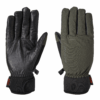 Sportsman-Green-Back-and-Palm-1500x1500-1-3.png Pair of insulated winter gloves laid flat side-by-side, left glove showing a black leather palm and fingers with elastic wrist and neoprene cuff, right glove showing an olive green fabric back with stitched branding, elastic wrist, small plastic clip and orange XDRY tags.