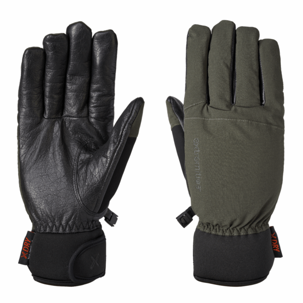 Sportsman-Green-Back-and-Palm-1500x1500-1-3.png Pair of insulated winter gloves laid flat side-by-side, left glove showing a black leather palm and fingers with elastic wrist and neoprene cuff, right glove showing an olive green fabric back with stitched branding, elastic wrist, small plastic clip and orange XDRY tags.