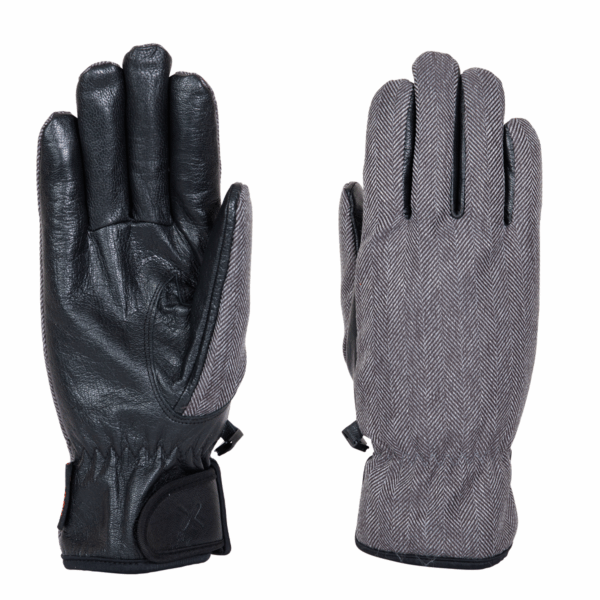 Sportsman-Grey-Back-and-Palm-1500x1500-1-3.png Pair of gloves on a white background: left glove shows a black leather palm with elasticated wrist and adjustable Velcro strap, right glove shows a grey herringbone fabric back.