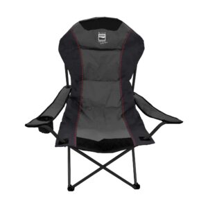 Stanage-Chair-WEB-1.jpg Foldable black and grey camping chair with a padded high back and WILD COUNTRY logo, red contrast stitching, built-in armrests with a left-side cup holder and crossed metal support legs.