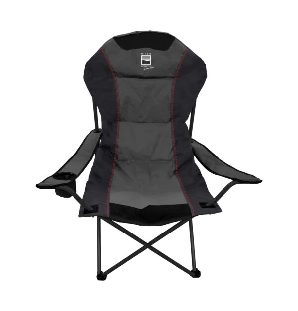 Stanage-Chair-WEB-1.jpg Foldable black and grey camping chair with a padded high back and WILD COUNTRY logo, red contrast stitching, built-in armrests with a left-side cup holder and crossed metal support legs.