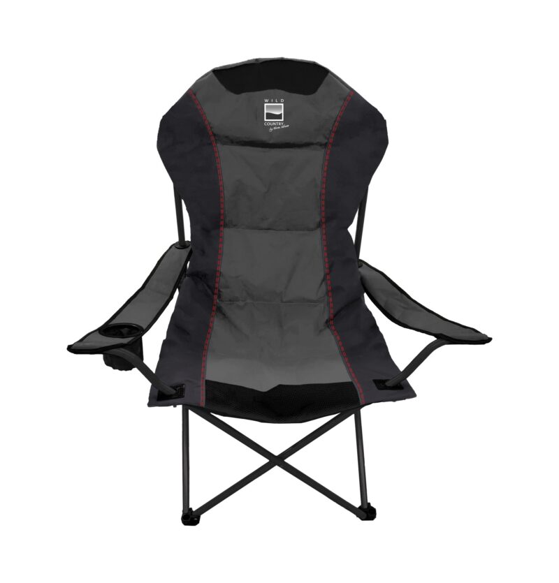 Foldable black and grey camping chair with a padded high back and WILD COUNTRY logo, red contrast stitching, built-in armrests with a left-side cup holder and crossed metal support legs.