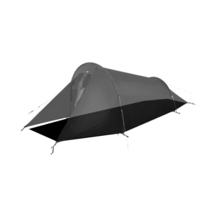 Low-profile tunnel camping tent with two curved poles, a small front vestibule/awning and black sewn-in groundsheet, shown isolated on a white background with guy lines attached