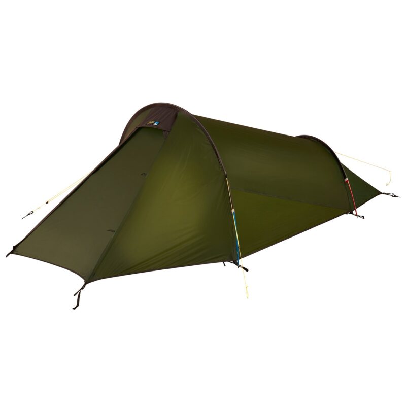 Low-profile olive-green tunnel-style camping tent with a curved dark-brown pole, extended front vestibule, coloured pole sections and yellow guylines on a plain white background.