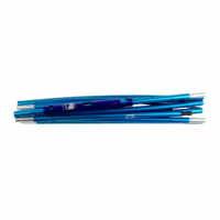 Collapsed set of blue anodised aluminium tent pole sections with silver end ferrules and a black shock-cord connector, arranged horizontally on a white background.