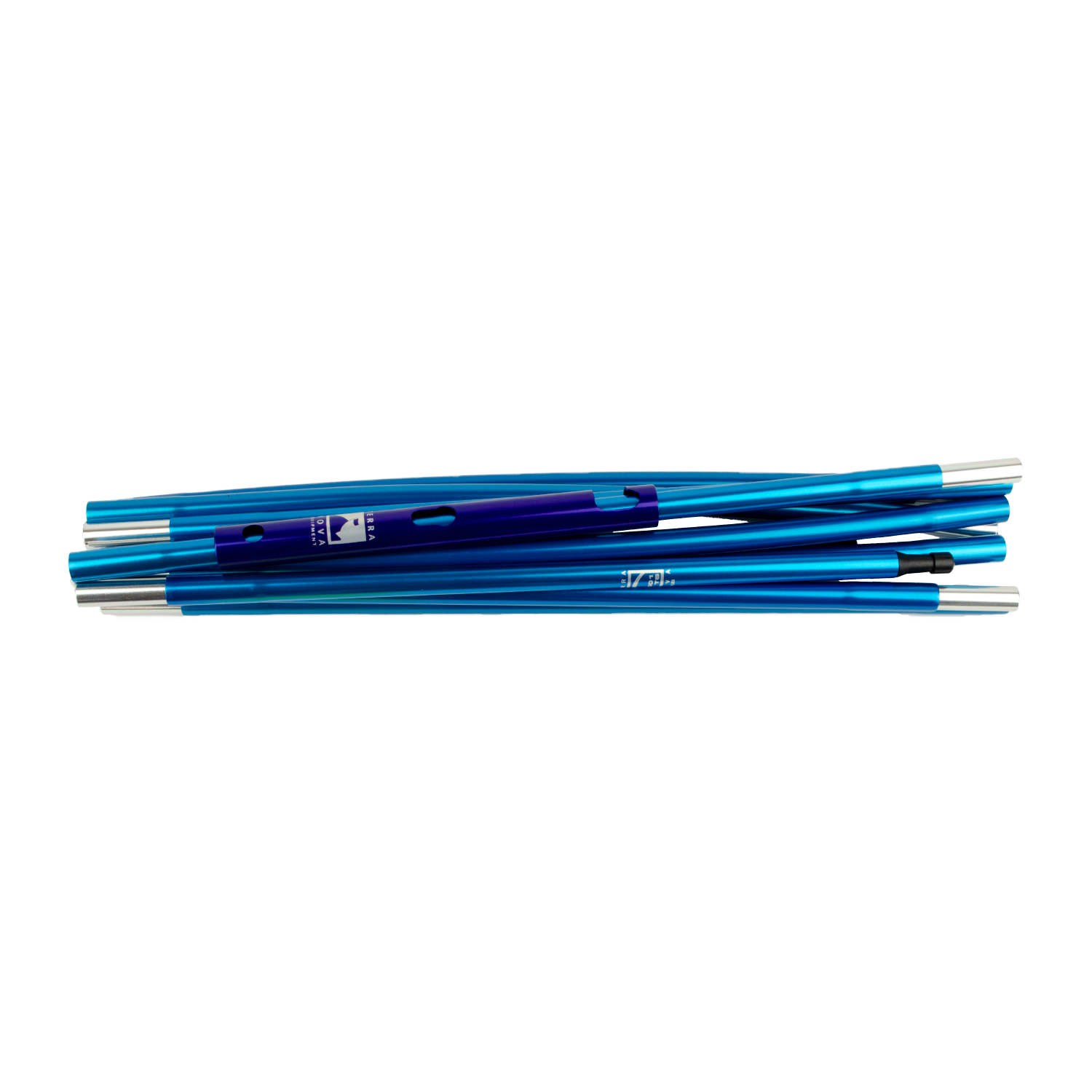 Collapsed set of blue anodised aluminium tent pole sections with silver end ferrules and a black shock-cord connector, arranged horizontally on a white background.