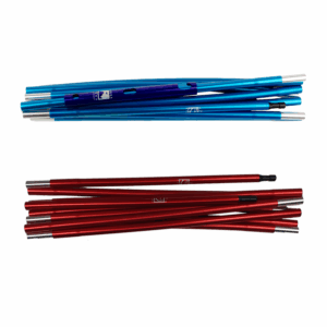 Starlite-1-Pole-Set-3.png Two sets of collapsed aluminium tent poles on a white background: a metallic blue bundle at the top and a metallic red bundle at the bottom, showing silver end ferrules and black elastic shock-cord connectors.