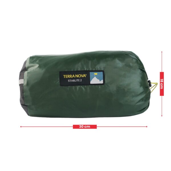 Dark green cylindrical stuff sack labelled TERRA NOVA STARLITE 2, shown compressed with red arrows indicating 30 cm length and 18 cm height