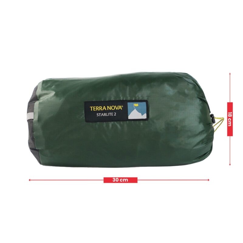 Starlite-2-1500-x-1500-1.jpg Dark green cylindrical stuff sack labelled TERRA NOVA STARLITE 2, shown compressed with red arrows indicating 30 cm length and 18 cm height