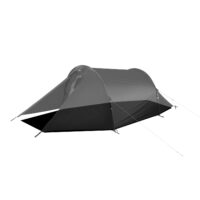 Low-profile tunnel-style camping tent with an extended front vestibule and pegged guy lines, shown on a plain white background.