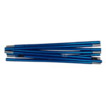 Bundle of glossy blue anodised aluminium pole sections with silver end ferrules and a few black connector pieces, laid horizontally on a white background.