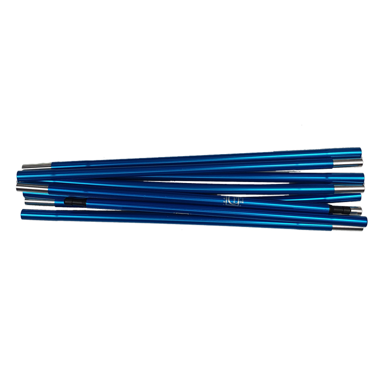 Starlite-2-blue-pole-WE-3.jpg Bundle of glossy blue anodised aluminium pole sections with silver end ferrules and a few black connector pieces, laid horizontally on a white background.