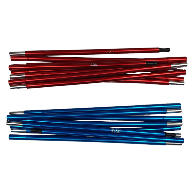 Starlite-2-pole-set-3.jpg Two bundles of metallic collapsible tent poles, one red and one blue, laid parallel on a white background with silver ferrules and black plastic connectors visible.