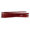 Set of red anodised aluminium tent pole segments with silver ferrules and black plastic connectors, stacked on a white background