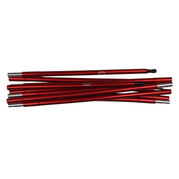 Set of red anodised aluminium tent pole segments with silver ferrules and black plastic connectors, stacked on a white background