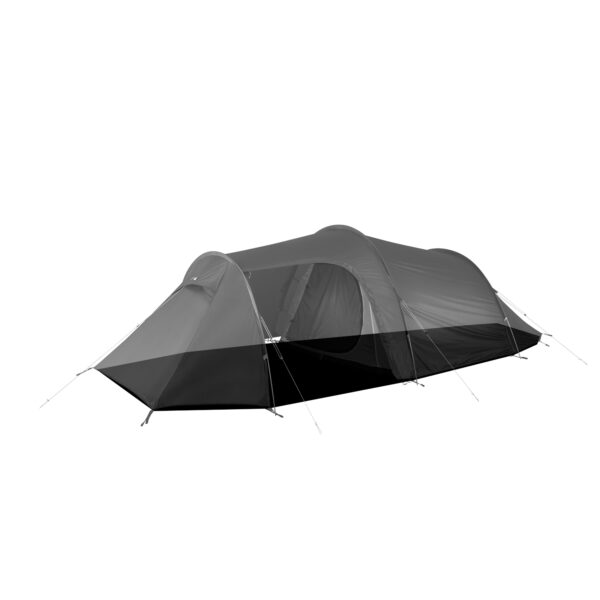 Grey tunnel-style camping tent with two arched pole sections, a front vestibule and zip door, pegged out with guy lines on a plain white background.