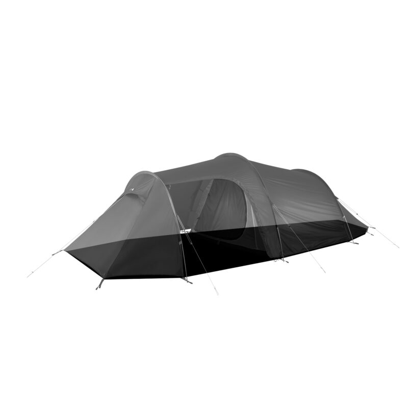 Starlite-3-1500x1500-1-3.jpg Grey tunnel-style camping tent with two arched pole sections, a front vestibule and zip door, pegged out with guy lines on a plain white background.