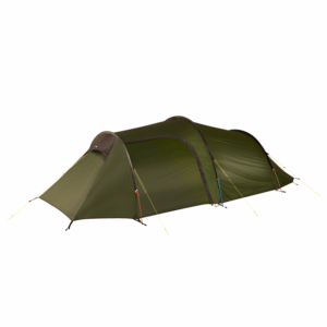 Starlite-3-Closed-1500x1500-1-3.png Olive-green tunnel-style camping tent with brown trim and arched poles, secured by yellow guy lines and coloured pole sleeves, shown pitched on a plain white background.