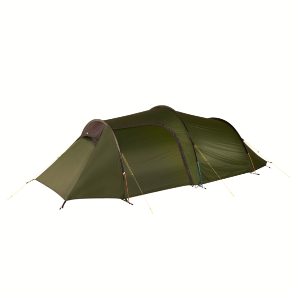 Starlite-3-Closed-1500x1500-1-3.png Olive-green tunnel-style camping tent with brown trim and arched poles, secured by yellow guy lines and coloured pole sleeves, shown pitched on a plain white background.