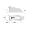 Starlite11500x1500px-1.jpg Side and plan schematic of a tapered one-person tent showing an internal sleeping pad and pillow; side view labels peak and porch heights 82 cm and 47 cm, plan view labels head width 100 cm and foot width 52 cm, and overall sleeping length 220 cm with a 63 cm vestibule.