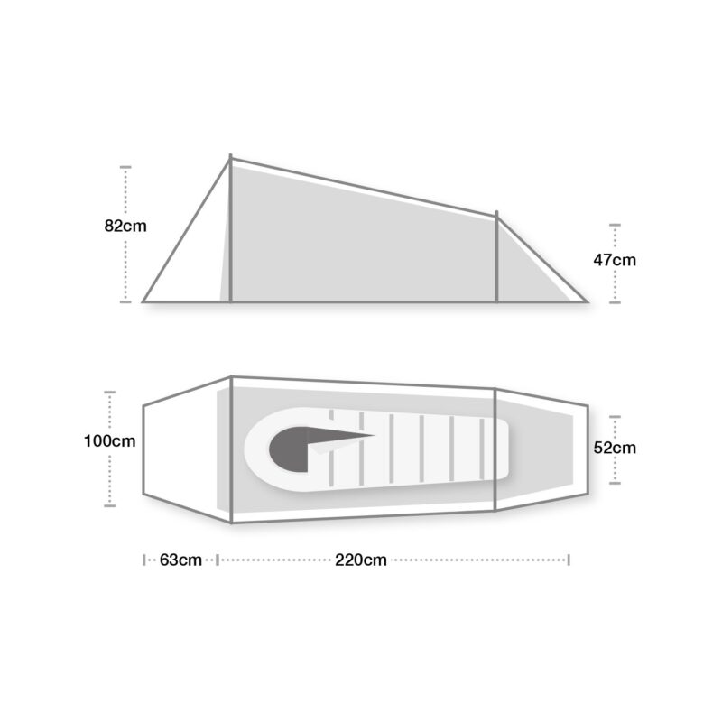 Starlite11500x1500px-1.jpg Side and plan schematic of a tapered one-person tent showing an internal sleeping pad and pillow; side view labels peak and porch heights 82 cm and 47 cm, plan view labels head width 100 cm and foot width 52 cm, and overall sleeping length 220 cm with a 63 cm vestibule.