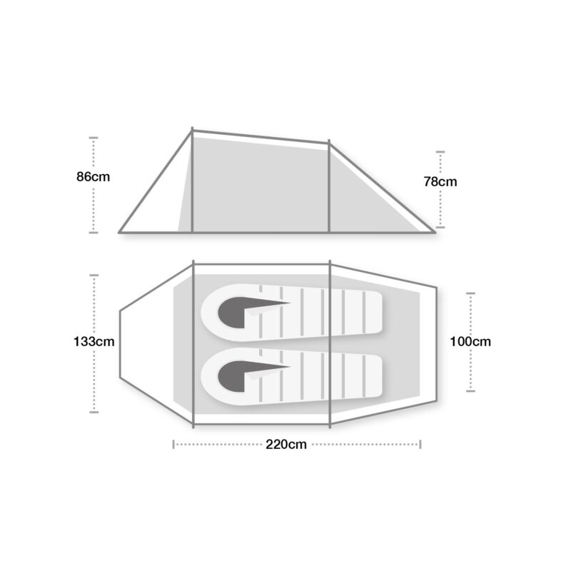 Starlite21500x1500px-1.jpg Technical diagram of a two-person tent with side and plan views showing two sleeping mats inside and labelled measurements — 220 cm overall length, 133 cm width at the wider end, 100 cm at the narrower end, and side heights of 86 cm and 78 cm.