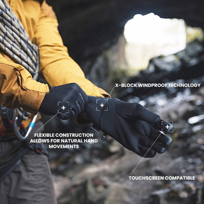 Station-Glove-1-3.jpg Person wearing a yellow jacket and climbing harness pulls on black windproof gloves near a rocky cave entrance, a coiled climbing rope and carabiner visible, with on-image labels pointing to the gloves reading X-Block Windproof Technology, Flexible construction allows for natural hand movements and Touchscreen compatible.