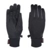Station-glove-4.jpg Pair of slim black gloves laid flat, one showing the palm and the other the back, with grey piping along the finger edges, short elasticated cuffs, a small plastic clip to join them and a red brand tag at each wrist