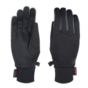 Station-glove-4.jpg Pair of slim black gloves laid flat, one showing the palm and the other the back, with grey piping along the finger edges, short elasticated cuffs, a small plastic clip to join them and a red brand tag at each wrist